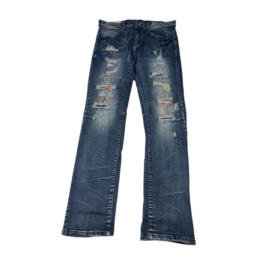 Smoke Rise Distressed Repair Stitch Jeans Mens 34x32 Blue Straight Leg Denim